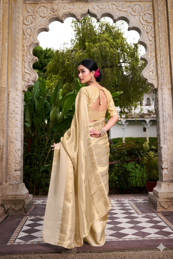 A lady in golden and offwhite combination saree like kerala saree but tissue