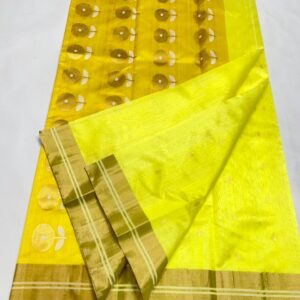Full view of a Lemon Yellow Chanderi Pattu soft silk saree showing the contrasting golden-yellow pallu with large floral motifs and the matching blouse piece.