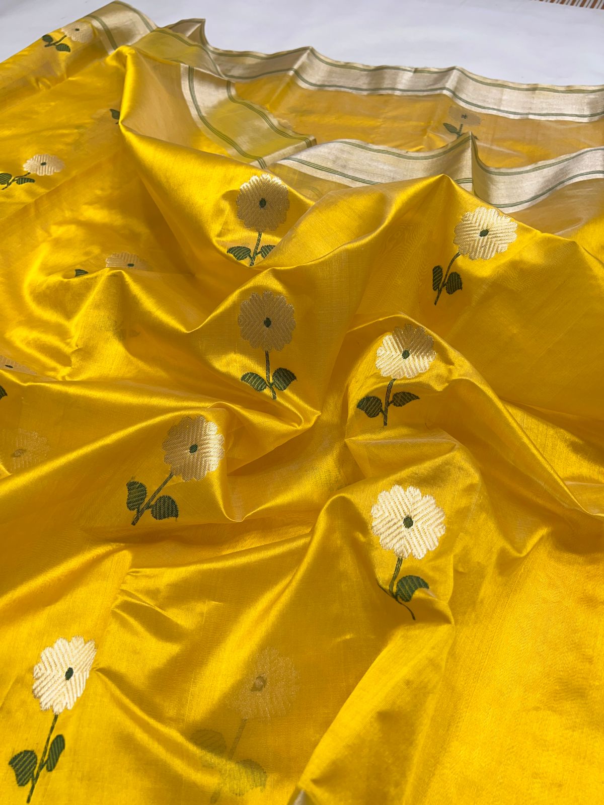 Detailed view of the Sunflower Yellow Chanderi Pattu handloom saree