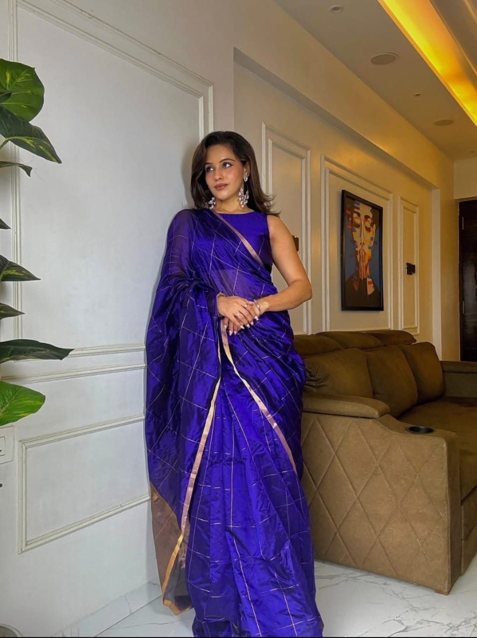 Royal Indigo Chanderi Pattu Soft Silk Saree with Elegant Gold Zari Checks and Contrast Border - SareePlus Gallery