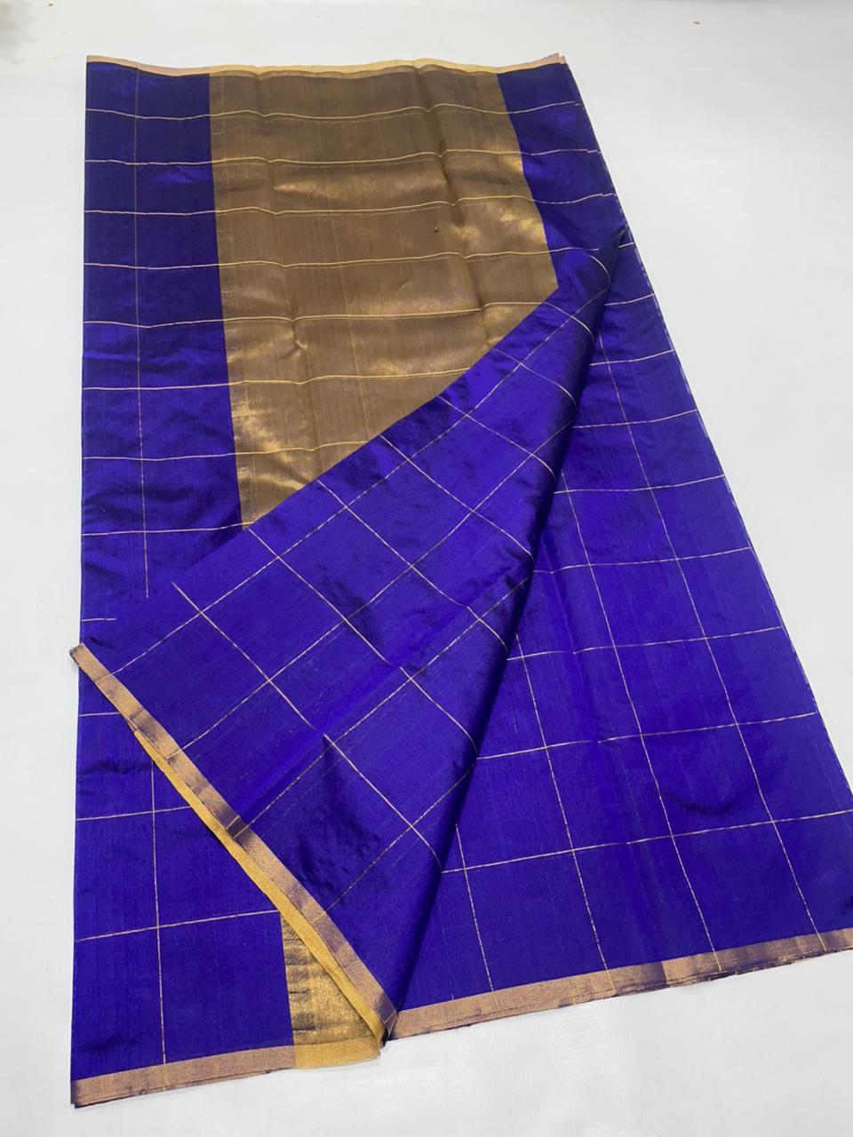 Unstitched Gold Zari Blouse Piece with Royal Indigo Chanderi Pattu Silk Saree - SareePlus Gallery