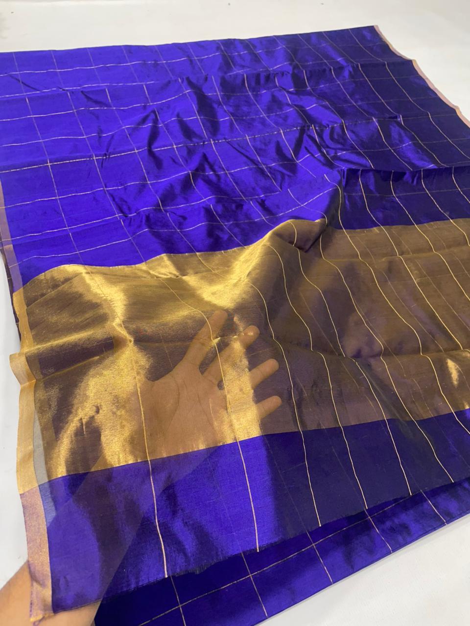 Royal Indigo Chanderi Pattu Soft Silk with Gold Zari Checks - Image 3