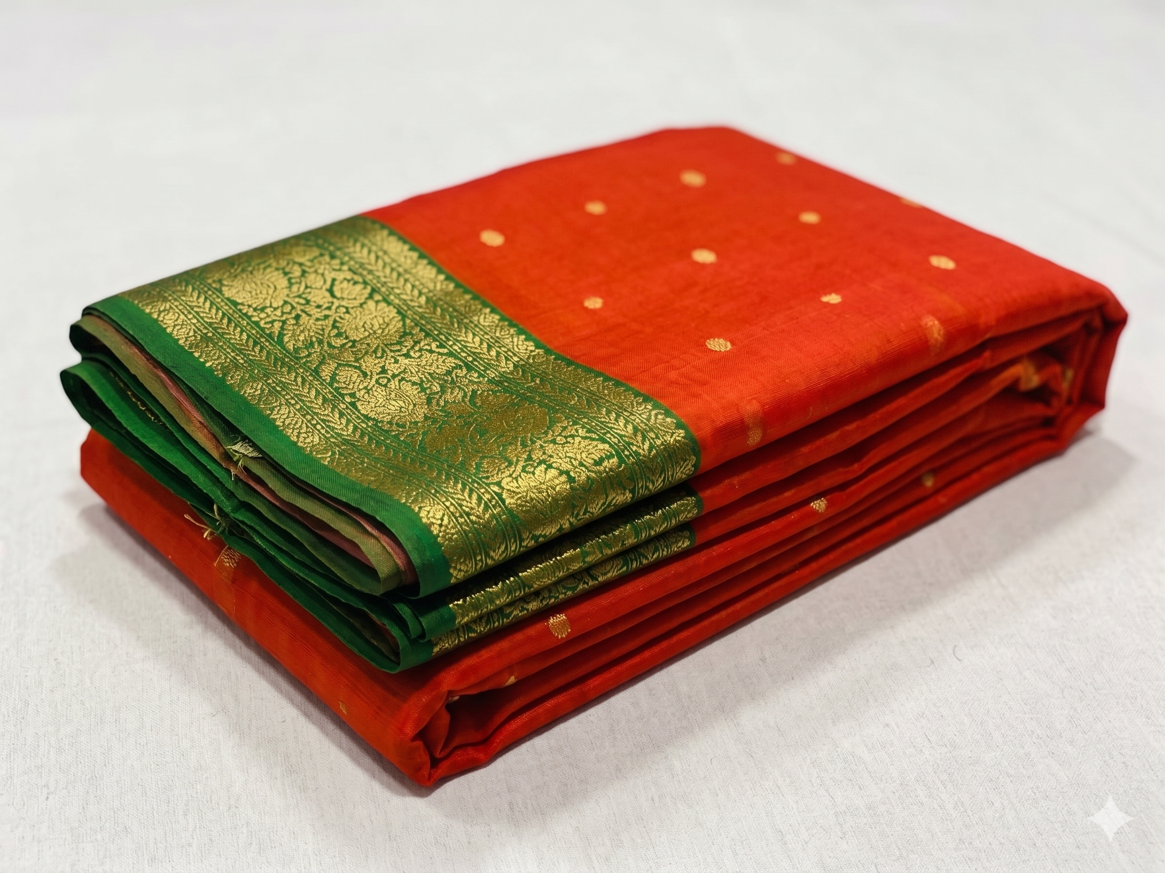 Neatly folded Vibrant Mango Orange Chanderi Katan Silk Saree showcasing the all-over gold coin butti work and the intricate forest green zari border. Authentic handloom collection from SareePlus Gallery