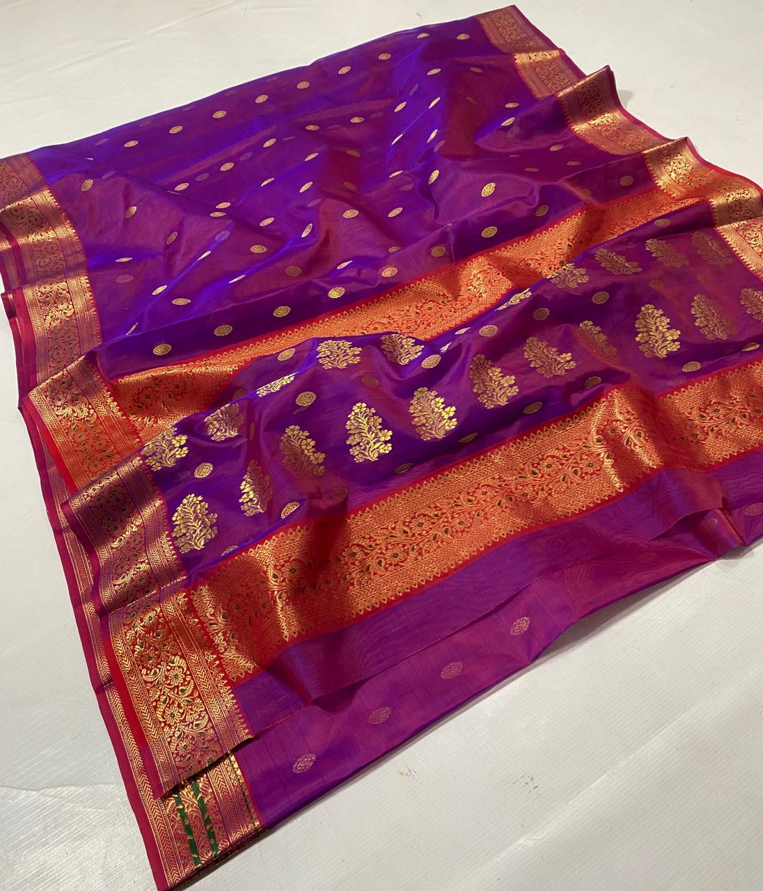 Traditional Purple and Gold Chanderi Pattu Saree perfect for bridal receptions and festive celebrations