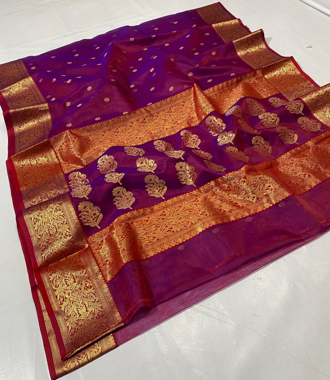 Exquisite Purple Chanderi Silk Saree featuring a rich gold zari border with intricate floral motifs—SareePlus Gallery