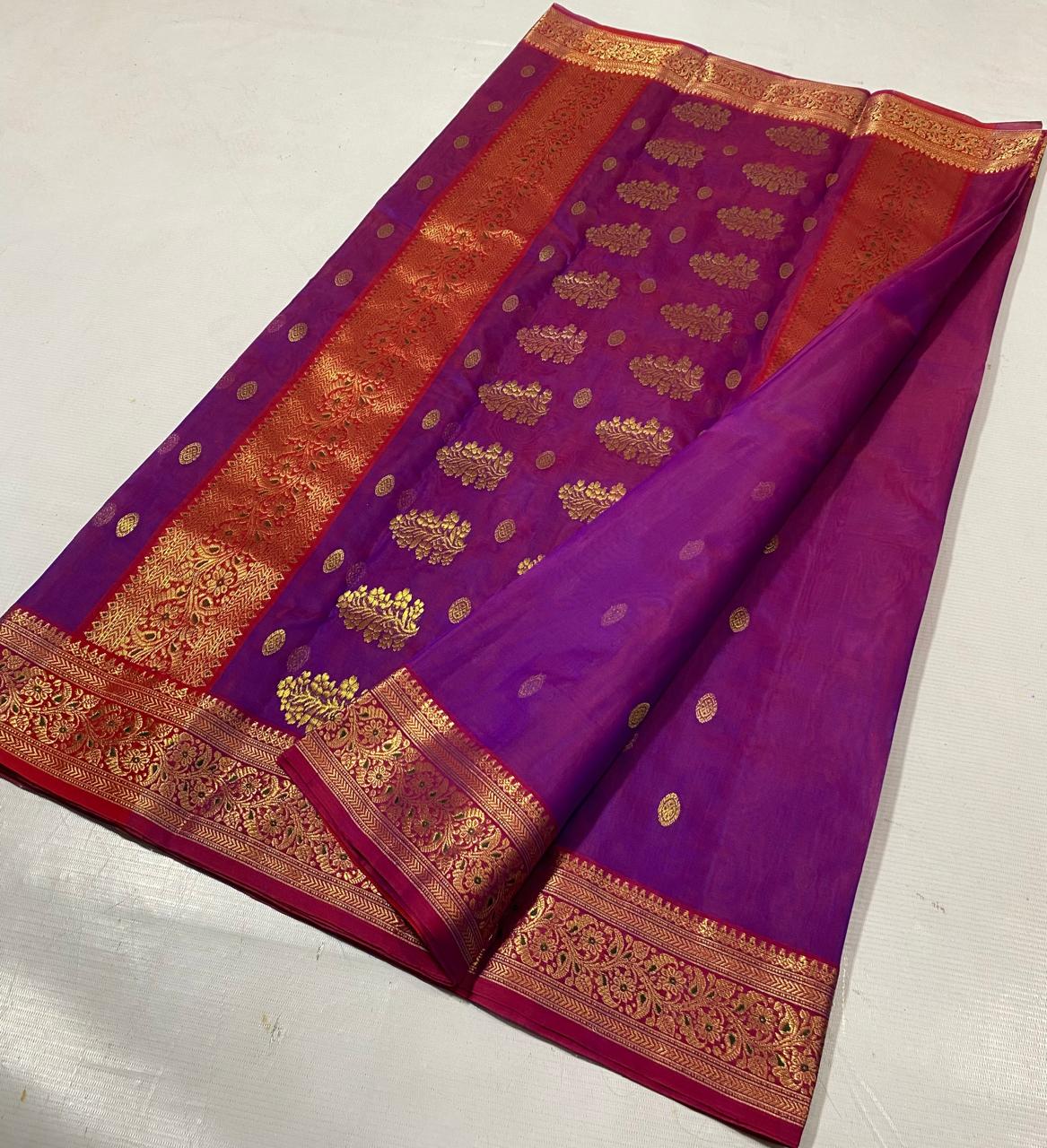 Royal Purple Chanderi Katan Silk Saree with Grand Gold Zari Pallu and Floral Buttis for Wedding Wear.