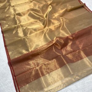 A full-drape view of the Antique Gold Chanderi Tissue Silk saree at SareePlus Gallery, showcasing its elegant sheen and contrast red pallu.