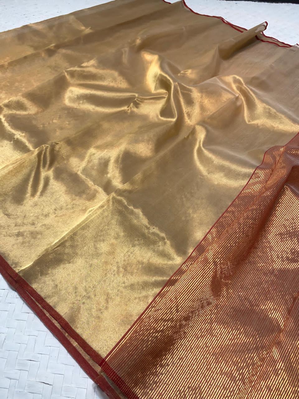 Antique Gold Chanderi Tissue Silk Saree with Crimson Red Border - Image 2