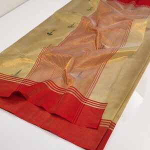 Full view of Champagne Gold Chanderi Tissue saree featuring a vibrant Crimson Red striped border and pallu.
